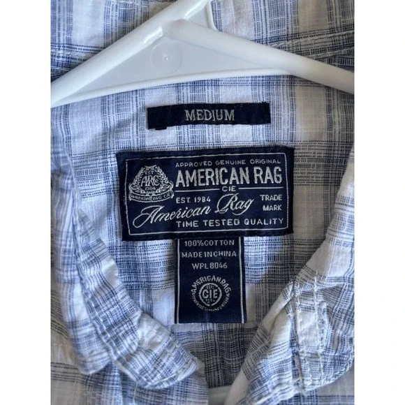American Rag Cie Mens Medium Long Sleeve Plaid Blue Button Up Shirt 100% Cotton - Picture 5 of 8